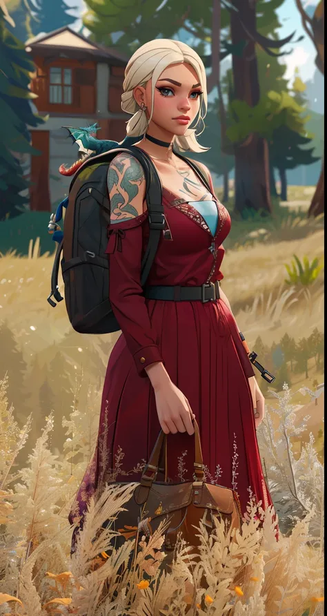 Lola Indigo with a dragon on her backpack in the style of Skyn from Fortnite
