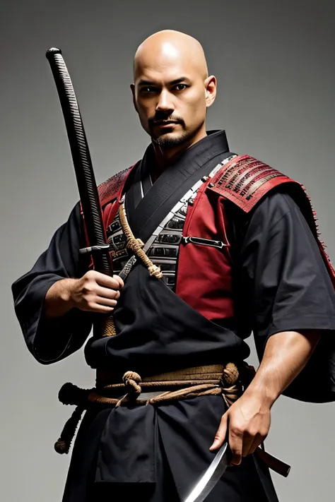 make a bald samurai warrior holding a sword 