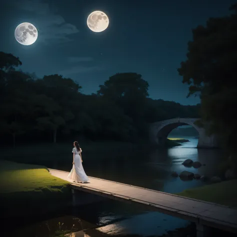 a woman in a white dress walking across a bridge at night, very magical and dreamy, Bela e misteriosa, Noite de luar atmosfera sonhadora, The moon behind her, atmosfera sonhadora e drama, ethereal fairy tale, Noite de Sonho, ethereal beauty, luar e sombras...