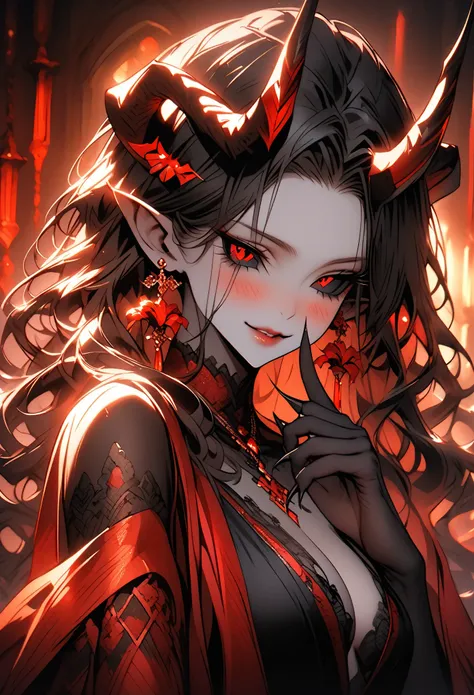 solo, female, ((((black sclera, red iris)))), close up, demoness, slender, mansion, elegant, cocktail dress, elegant, seductive smile, long wavy hair, warm lights, black hair, claws, pitch black skin, pointed ears, large demonic horns, simple horns, arroga...