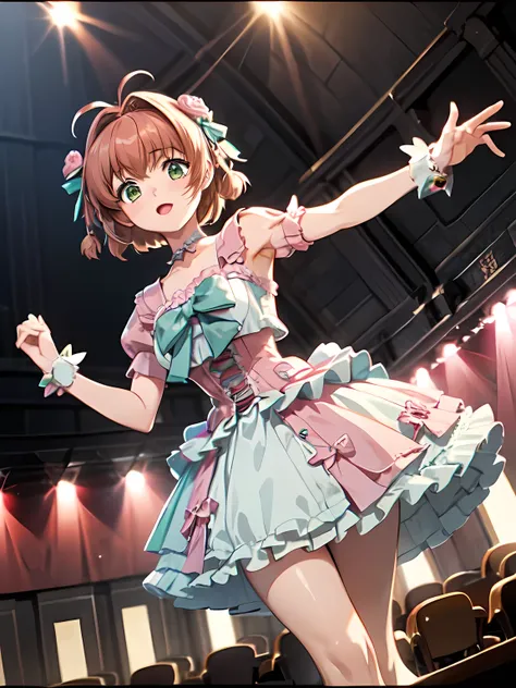 (suzumiyaharuka),  1 female, Alone, Orange Hair, Reddish brown hair, Green Eyes, Short Hair, Pink hair ornament, (sweet_lolita), Concert Hall, Theatre Lighting