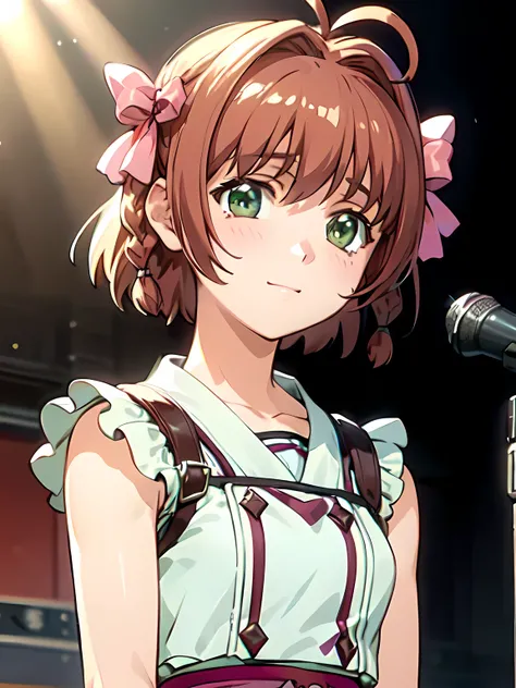 (suzumiyaharuka),  1 female, Alone, Orange Hair, Reddish brown hair, Green Eyes, Short Hair, Pink hair ornament, japanese idol outfit, concert