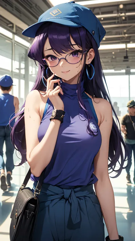 最high quality、best image quality、masterpiece、teenage girl((1、 By becoming、vest bust、large bust,wide open breast tea、purple eye, dark purple hair、long hair、thin,highest valley、Perforated gloves、blue earrings、bandana、cute smile、sweating、wrap the jacket aroun...