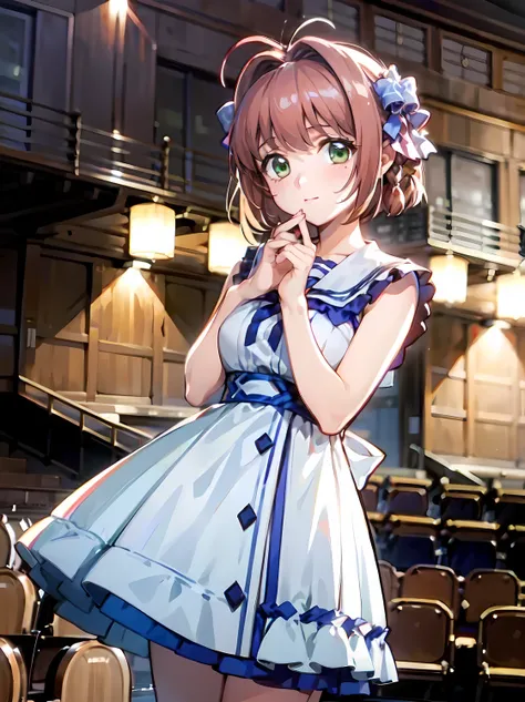 (suzumiyaharuka),  1 female, Alone, Orange Hair, Reddish brown hair, Green Eyes, Short Hair, Pink hair ornament, japanese idol outfit, Blue and white idol dress, Concert Hall