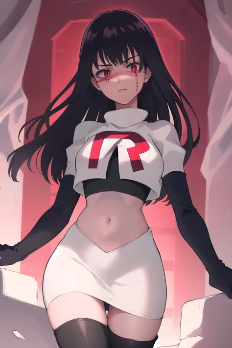 lolopechka,looking at viewer, cursed tattoo, red eyes, best quality, masterpiece, intricate details, ,1 girl, team rocket,team rocket uniform,white skirt,red letter R,crop top,black thigh-highs,black elbow gloves,