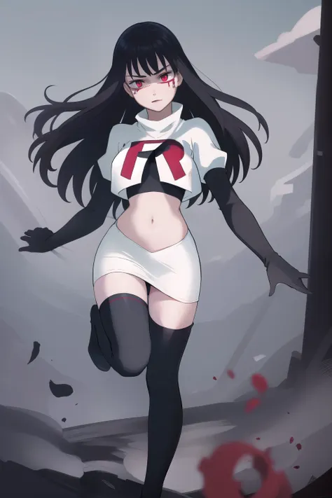 lolopechka,looking at viewer, cursed tattoo, red eyes, best quality, masterpiece, intricate details, ,1 girl, team rocket,team rocket uniform,white skirt,red letter R,crop top,black thigh-highs,black elbow gloves,