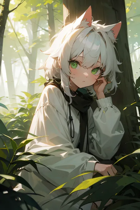 Short white messy hair, green eyes, female, cute, forest, cat ears