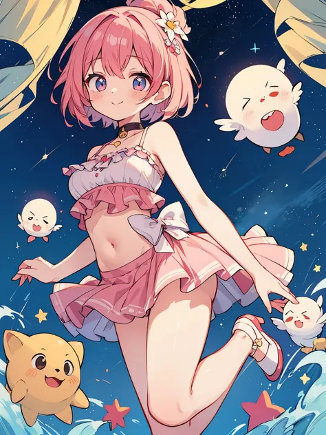 High resolution, masterpiece, Anatomically correct, Best Quality, One girl, smile、Blushing、Short Hair、Large, wide eyes、Pink Hair,Choker、Heart symbol、Shooting from behind、Shoulders stick out、I can see your belly button、Thighs、camisole、mini skirt、High heels、...