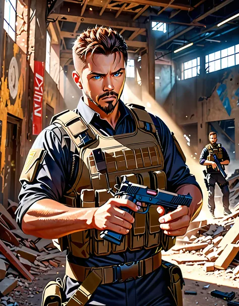 masterpiece, best quality, Soldier with dark uniform, using STI 1911 pistol, ruined background, realistic, stylish, rutkowski, goatee, brown hair, buzz hair, blue eyes, tactical vest, intricate details, hyperdetailed, cinematic, rim light, danger atmospher...