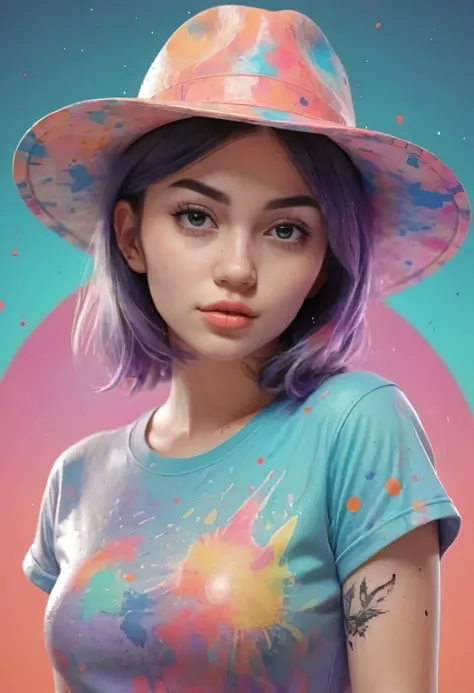 A detailed illustration of a beautiful girl, wearing a hat, the girl have tattoos in the arms, psychedelic artsyle, t-shirt design, splatter artstyle, pastel tetradic colors, 3D vector art, fantasy art, watercolor effect, Adobe Illustrator, hand-drawn, dig...