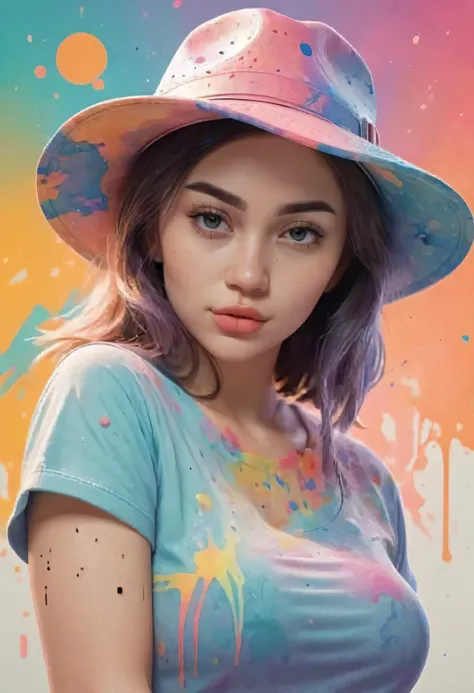 A detailed illustration of a beautiful girl, wearing a hat, the girl have tattoos in the arms, psychedelic artsyle, t-shirt design, splatter artstyle, pastel tetradic colors, 3D vector art, fantasy art, watercolor effect, Adobe Illustrator, hand-drawn, dig...