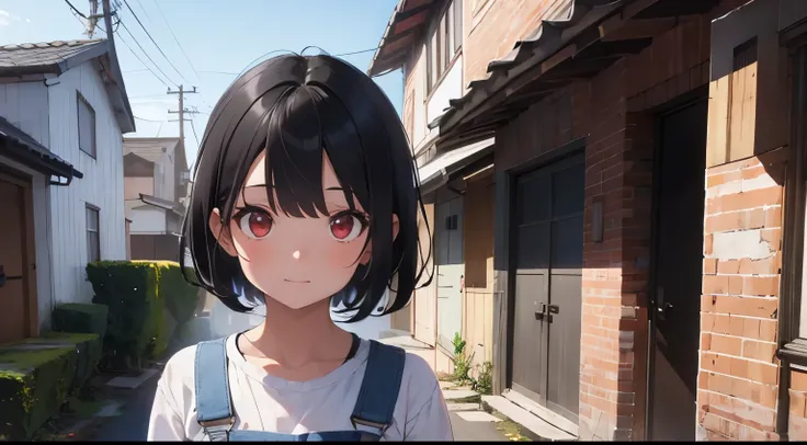 a girl with short black hair red eyes, with tight sky blue overalls, She is standing in front of a house ringing the doorbell.