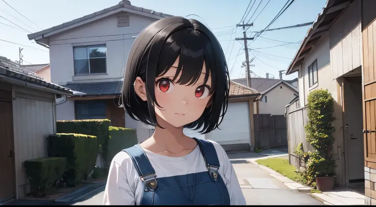 a girl with short black hair red eyes, with tight sky blue overalls, She is standing in front of a house ringing the doorbell.