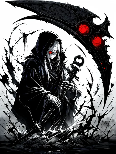 cyberpunk style grim reaper, black and white graffiti illustration red blood spattered, have a scythe , glowing eyes,