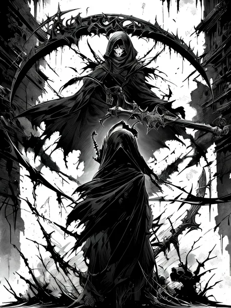 cyberpunk style grim reaper, black and white graffiti illustration red blood spattered, have a scythe , glowing eyes,