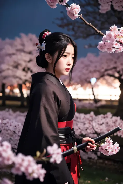 Standing by a cherry tree on a dark night、Black-haired samurai with a long sword 、Cinematic