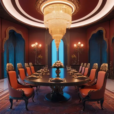 there is a dining room with a table and chairs and a chandelier, cgsociety 9, futuristic persian palace, cgsociety unreal engine...