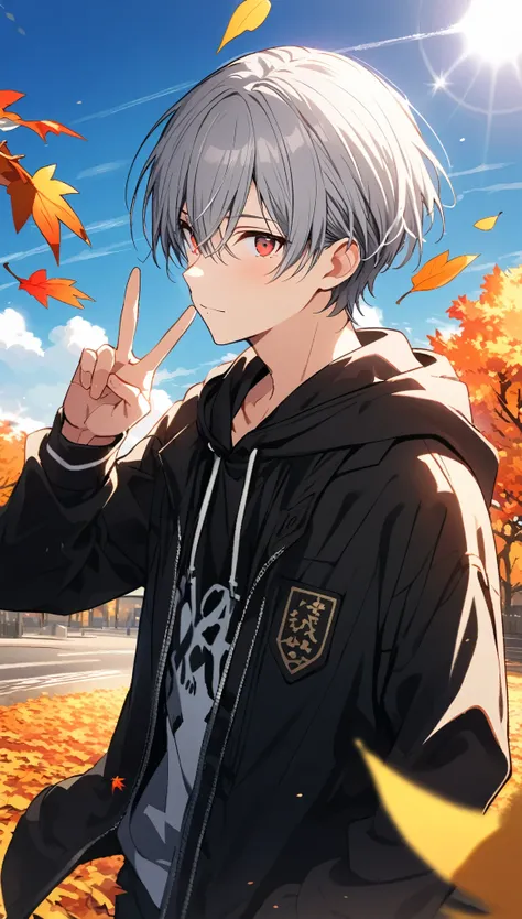 good looking, Alone, 1 male, Gray Hair, Red eyes, Long sleeve, Black hooded, noon, White Light,cute目,Short hairstyle,cute,Falling from the sky,綺麗なautumnの空,Lots of autumn leaves,autumn,A sparkling view,bright,Blue Sky,Looking at the camera,Making a peace si...