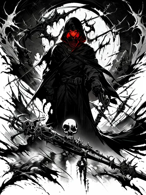 cyberpunk style grim reaper, black and white graffiti illustration red blood spattered, have a scythe , glowing eyes,