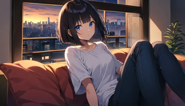 High resolution, Very delicate, Super detailed,8k detailed２０One woman in her late twenties, （blue eyes))　(((Shortcuts、Bobcut、Shiny black hair))) (Wearing an oversized white T-shirt,Wearing skinny jeans) Sitting on the couch, listen to music, In front of th...