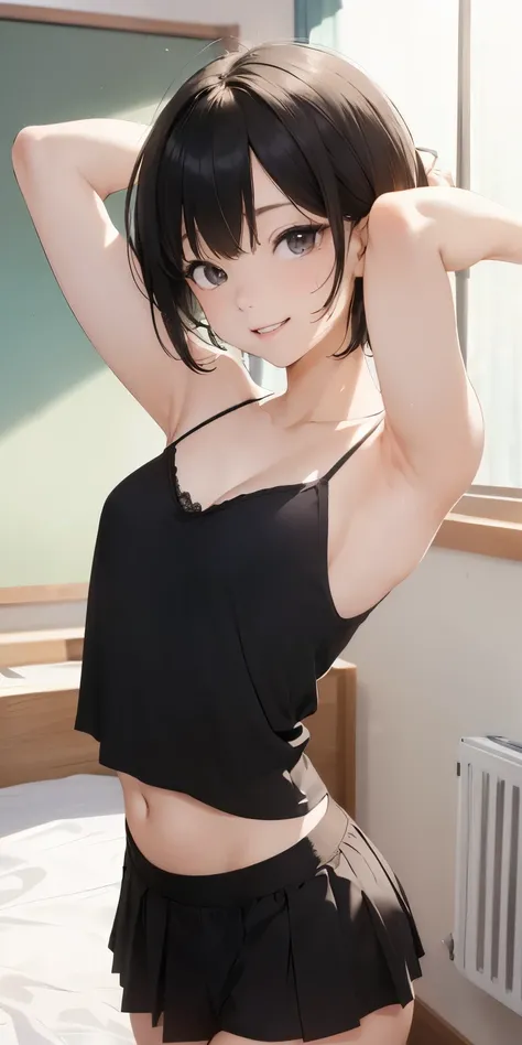 Bigger breasts、smile(Wearing a black striped T-shirt)(( little girl))Your breasts will get bigger(Very short hair)、Large sides exposed、Emphasized(Her arms are raised to highlight her sweaty armpits 、)Twin tail hair(( primary school, 、))Gentle expression、We...