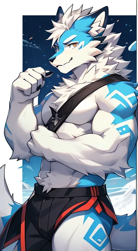 white fox，Arctic dragon，white fur，youth，Handsome，Say hello by chance，Cai Xukun&#39;High quality fan art，clear lines able to see with blue eyes