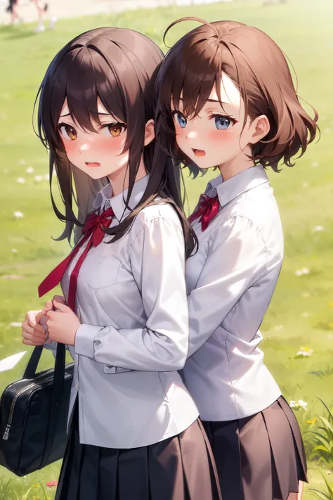 Masterpiece, Top Quality, (2 Girls: 1.3), Beautiful Girl, (Back Hug: 1.3), (embarrassed face, blush), brown hair, messy hair, long hair, school uniform, (long sleeves, white shirt, ribbon tie, pleated skirt), grass,