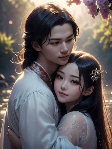 (Best Quality, Super Detail, Masterpiece, Representative Work, Official Art, Professional, Super Fine Detail, 8k:1.3), (photorealism:1.2), (Couple, Beautiful Girl and Boy), A couple in the sea of flowers, Handsome guy hugs beautiful girl from behind, Smili...