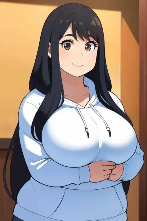 chubby girl with big breasts black hair brown eyes and long hair smiling hoodie