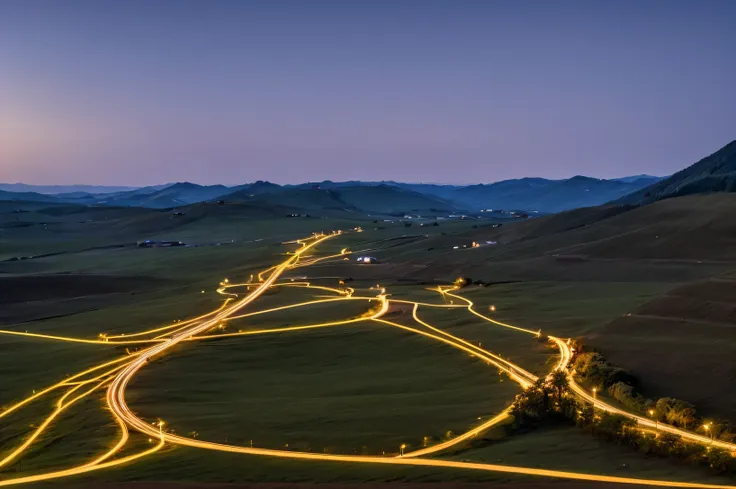 generate a realistic long exposure image of a rural village road at night. the road is lined with small houses and trees, softly...