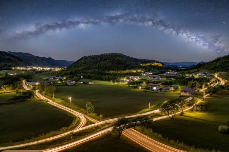 generate a realistic long exposure image of a rural village road at night. the road is lined with small houses and trees, softly...