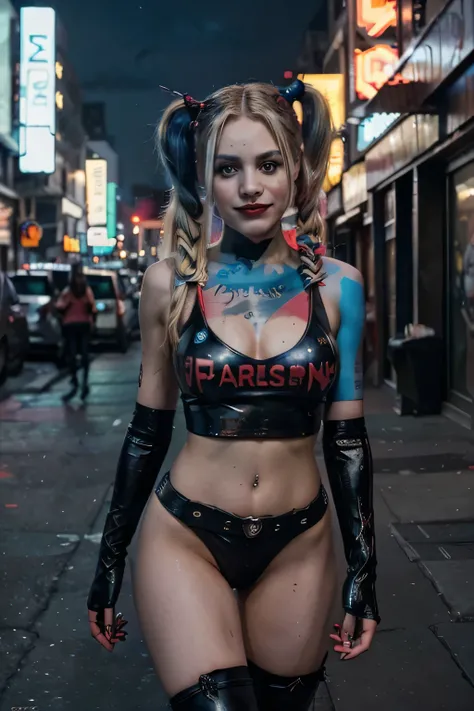 (Harley Quinn:1.5) (blonde hair in pigtails:1.3), blue eyes, detailed eyes, detailed lips, (sexy, sensual,chaotic, full body:1.5), (urban street at night with neon lights, Gotham cityscape:1.3), night photo, (photo from many different angles:1.5), red and ...