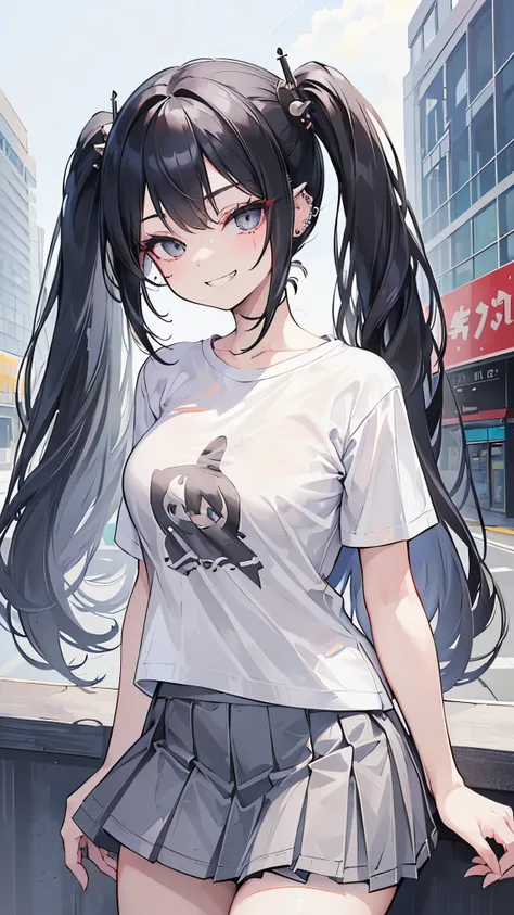 ((masterpiece、Best Quality、Very detailed))、One Girl、Black Hair、twintails、Grey Eyes、evil smile、((Grin))、((lots of piercing))、Large Breasts、((White tight T-shirt))、Long sleeve、((grey denim pleated skirt))、((micro miniskirt))、Cowboy Shot、City Background