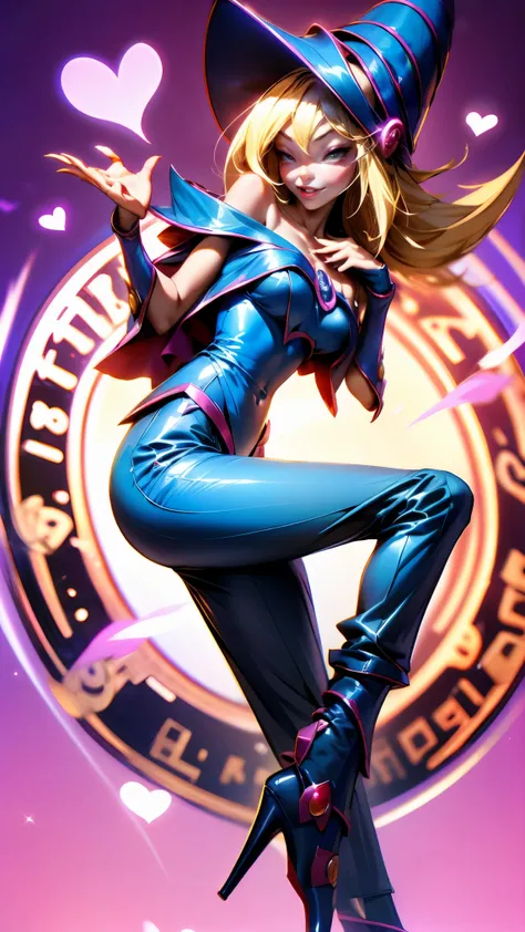 dark magician gils, with high-heels. Pants,  sexy, Subjective and sensual pose. magic background. Magical heart in the air. magic circle 