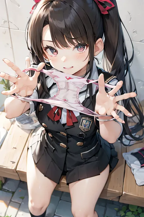 (((Cute middle school girl)))、(((Wearing a revealing white school uniform)))、White socks、(ponytail, Black Hair), ,((Pee)),(Transparent puddle),break,(squat, Close your legs)、Pay attention to the panties, Panties as a gift, (Pink panties with red ribbon:1.2...