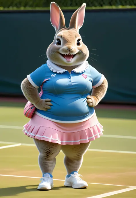 photorealistic portrait of Dressed animals - a (fat) (Peter rabbit) tennis player,(hands on hips:1.5),(happy smile:1.2),(shark skin), high quality,(lovely) ,intricate details, highly detailed (female tennis wear with collar and frills),( frilled skirt , so...