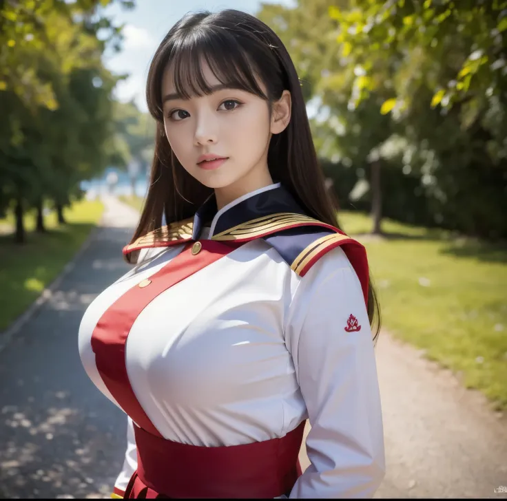 8K quality, Masterpiece, Best Quality, Bright natural light without shadows, Small waistの超爆乳女性が二人いる, (She wears a traditional uniform with a deep crimson sailor collar without any gaps.), (Her super-sized breasts are so big that they&#39;re straining her c...