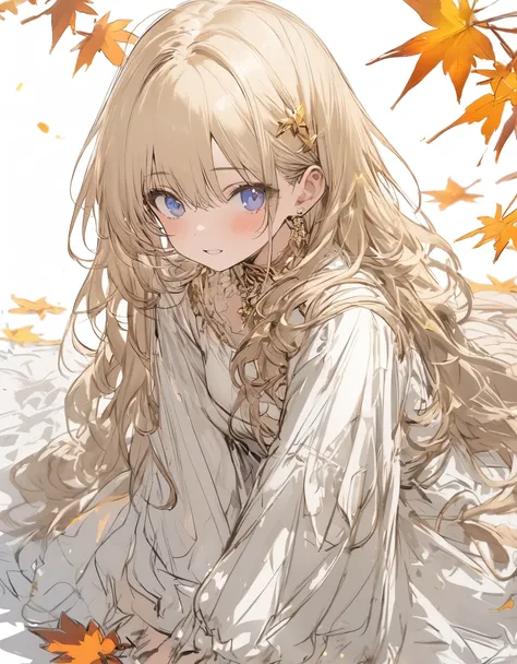 masterpiece, sketch,10 years girl, gold beautiful glitter hair, long hair, Break, wearing white dress, ((Leaves of autumn leaves)), blue eyes, full body, white background