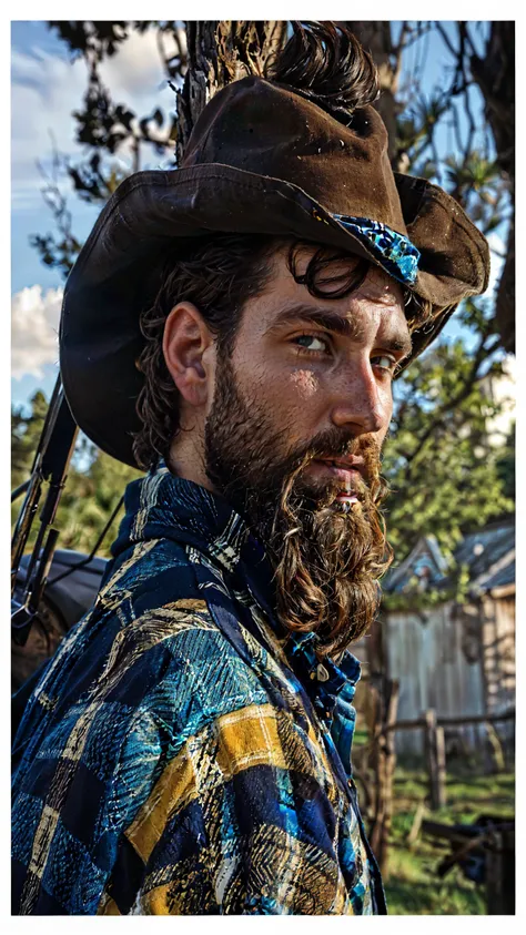 big beard man, chapeu de cowboy, blue plaid shirt, dark brown hair