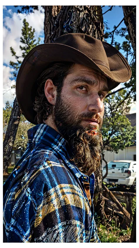 big beard man, chapeu de cowboy, blue plaid shirt, dark brown hair, a little fat, serious and round face, 40 year old man