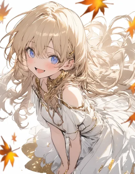 masterpiece, sketch,10 years girl, gold beautiful glitter hair, long hair, Break, wearing white dress, ((Leaves of autumn leaves)), blue eyes, smile, full body, white background