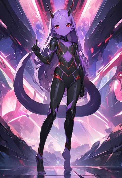 Inspiration from Anime Darling in the Franxx Science Fiction, humanoid alien, woman, vivid lilac skin color, a horn in the middle of the forehead, red eyes, black tight open finger gloves , a tight little black top, leggy pants with a design with rounded s...