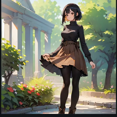 (high quality, High resolution, Very detailed, reality:1.37), Peaceful atmosphere, (Outdoor, garden), Teenage girl standing alone, (My breasts are large.), Beautiful details, Cute Smile, (Black bob hair), Ribbed sweater,Brown skirt, Black tights, Brown boo...