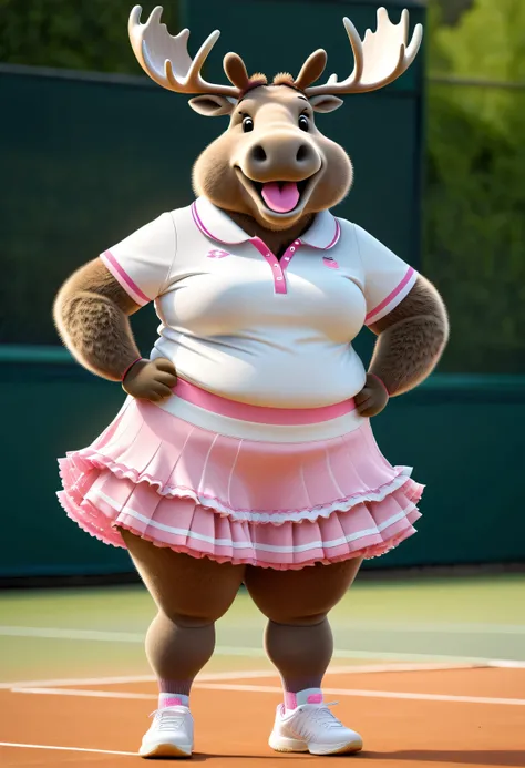 photorealistic portrait of Dressed animals - a (fat) (moose) tennis player,(hands on hips:1.5),(happy smile:1.2),(furry), high quality,(lovely) ,intricate details, highly detailed (female tennis wear with collar and frills),( frilled skirt , sox and sneake...