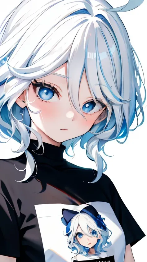 furina  anime com white hair e olhos azuis, deus de white hair, girl portrait, t-shirt, sweatshirt, anime girl with cosmic hair,...