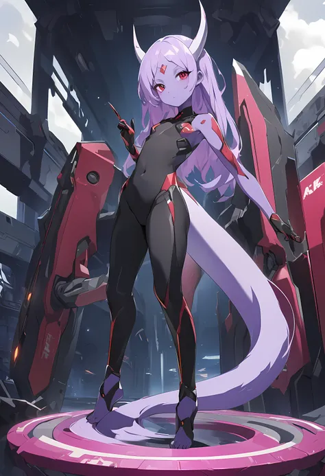 Inspiration from Anime Darling in the Franxx Science Fiction, humanoid alien, woman, vivid lilac skin color, a horn in the middle of the forehead, red eyes, black tight open finger gloves , a tight little black top, leggy pants with a design with rounded s...