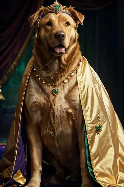 a golden Labrador Retriever stands proudly on a grand throne, draped in a luxurious royal cape. The cape is deep purple, adorned with golden embroidery. A magnificent crown sits atop the dogs head, sparkling with jewels—emeralds, rubies, and sapphires and ...