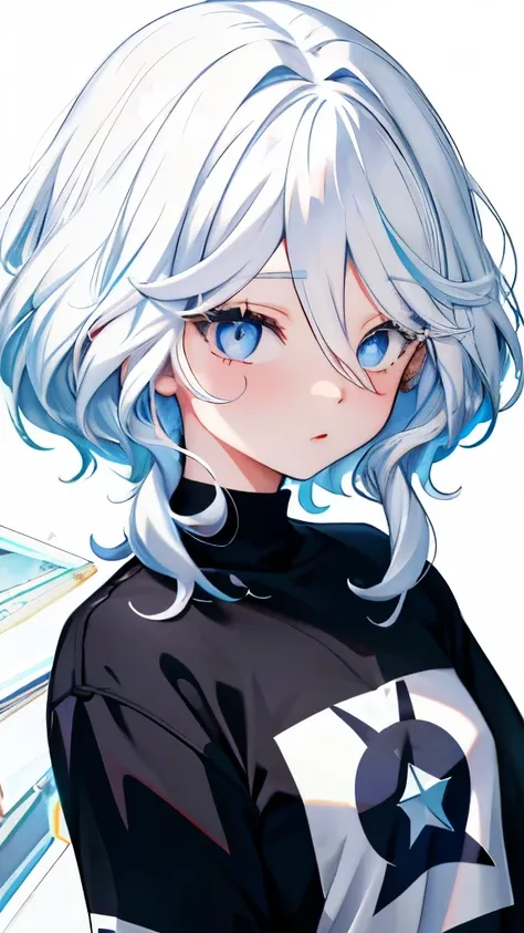 furina  anime com white hair e olhos azuis, deus de white hair, girl portrait, t-shirt, sweatshirt, anime girl with cosmic hair,...