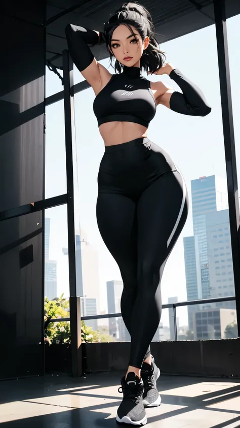 arafed woman in black sports bra top and leggings posing for a picture, wearing black tight clothing, skinny waist and thick hips, hourglass figure, womens fashion model, thicc, curvy hourglass figure, hourglass slim figure, wearing fitness gear, full body...