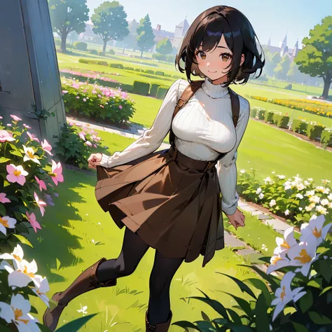 (high quality, High resolution, Very detailed, reality:1.37), Peaceful atmosphere, (Outdoor, garden), Teenage girl standing alone, (My breasts are large.), Beautiful details, Cute Smile, (Black bob hair), Ribbed sweater,Brown skirt, Black tights, Brown boo...